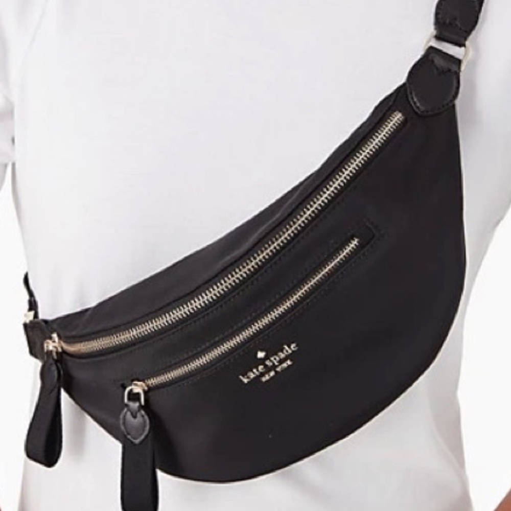 KATE SPADE NYLON CHELSEA BETTER BLACK BELT BAG FANNY LEATHER TRIM $249